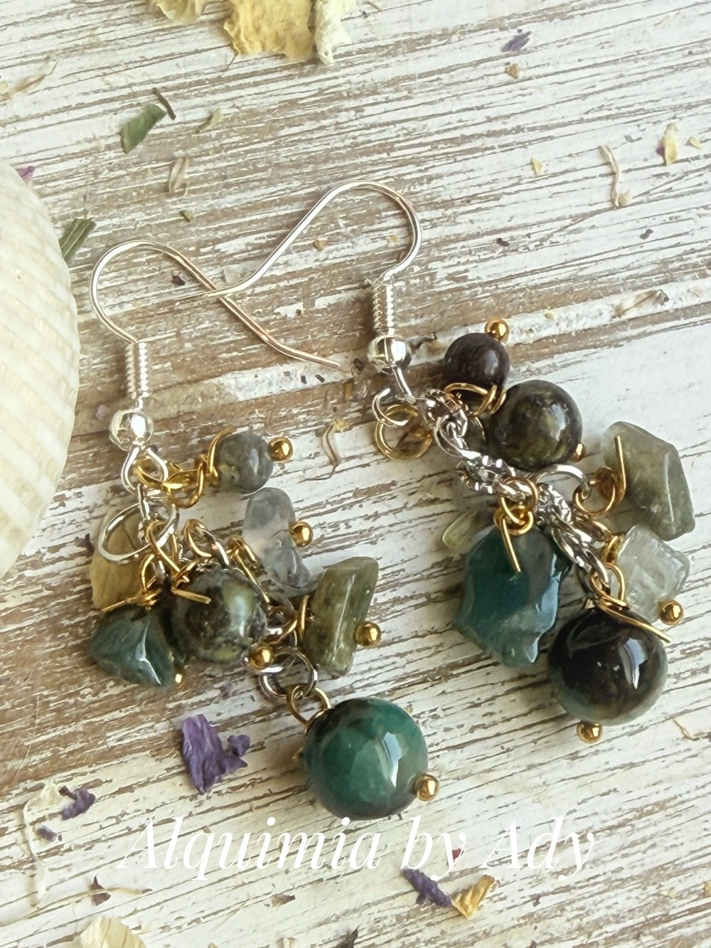 Teal and Dark Green agates Cluster Dangle Earrings